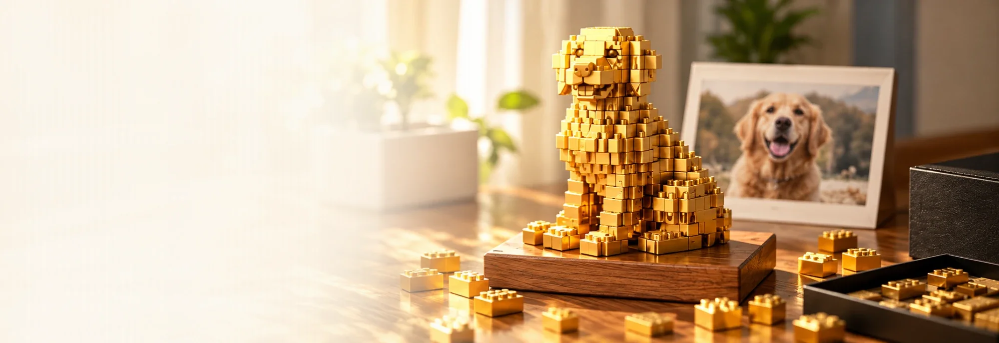 金のブロックで組み立てた愛犬の作品と、もとになった写真